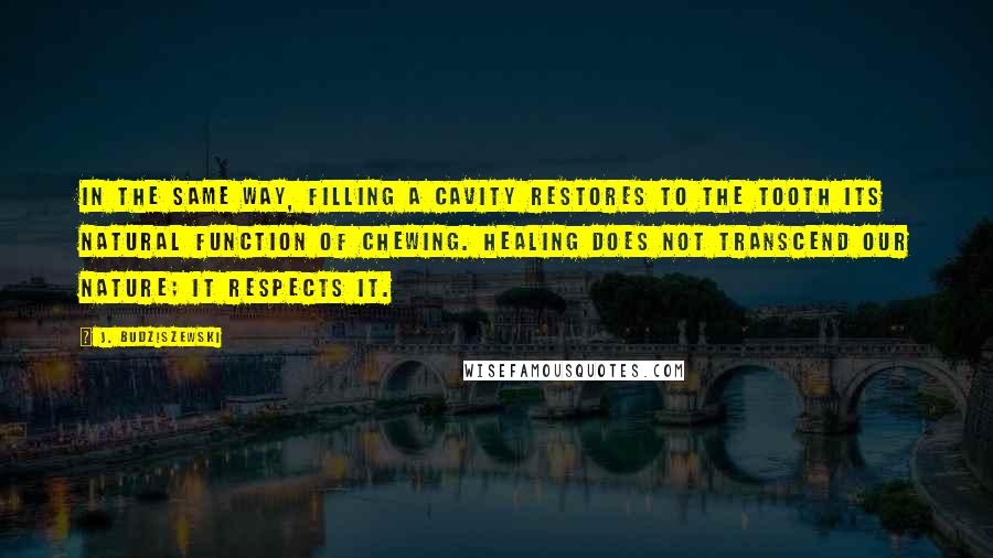 J. Budziszewski Quotes: In the same way, filling a cavity restores to the tooth its natural function of chewing. Healing does not transcend our nature; it respects it.