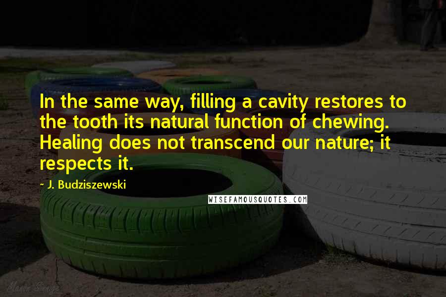 J. Budziszewski Quotes: In the same way, filling a cavity restores to the tooth its natural function of chewing. Healing does not transcend our nature; it respects it.