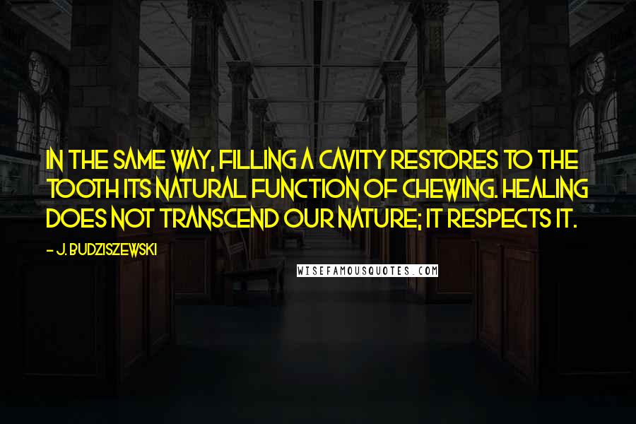 J. Budziszewski Quotes: In the same way, filling a cavity restores to the tooth its natural function of chewing. Healing does not transcend our nature; it respects it.