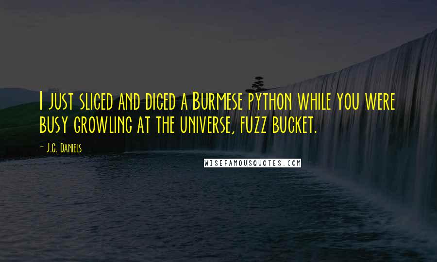 J.C. Daniels Quotes: I just sliced and diced a Burmese python while you were busy growling at the universe, fuzz bucket.