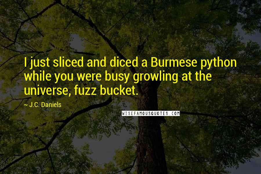 J.C. Daniels Quotes: I just sliced and diced a Burmese python while you were busy growling at the universe, fuzz bucket.