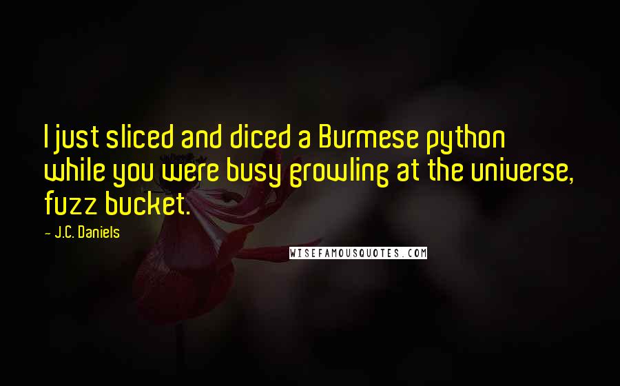 J.C. Daniels Quotes: I just sliced and diced a Burmese python while you were busy growling at the universe, fuzz bucket.