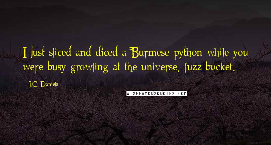 J.C. Daniels Quotes: I just sliced and diced a Burmese python while you were busy growling at the universe, fuzz bucket.