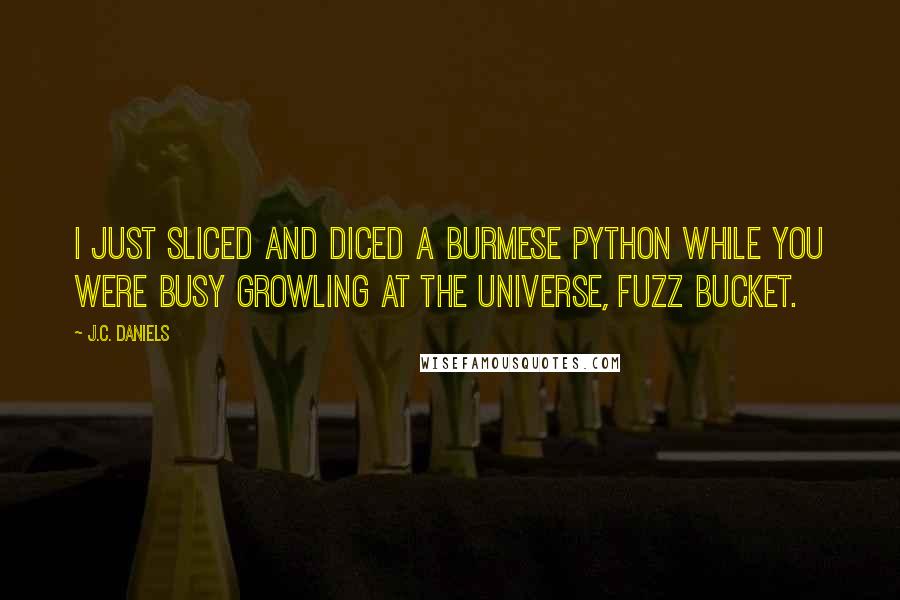 J.C. Daniels Quotes: I just sliced and diced a Burmese python while you were busy growling at the universe, fuzz bucket.