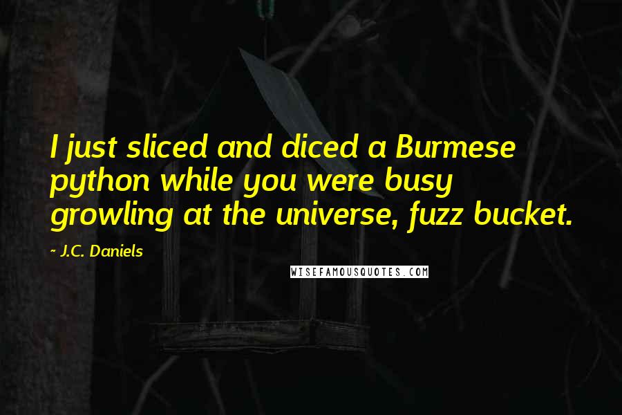 J.C. Daniels Quotes: I just sliced and diced a Burmese python while you were busy growling at the universe, fuzz bucket.