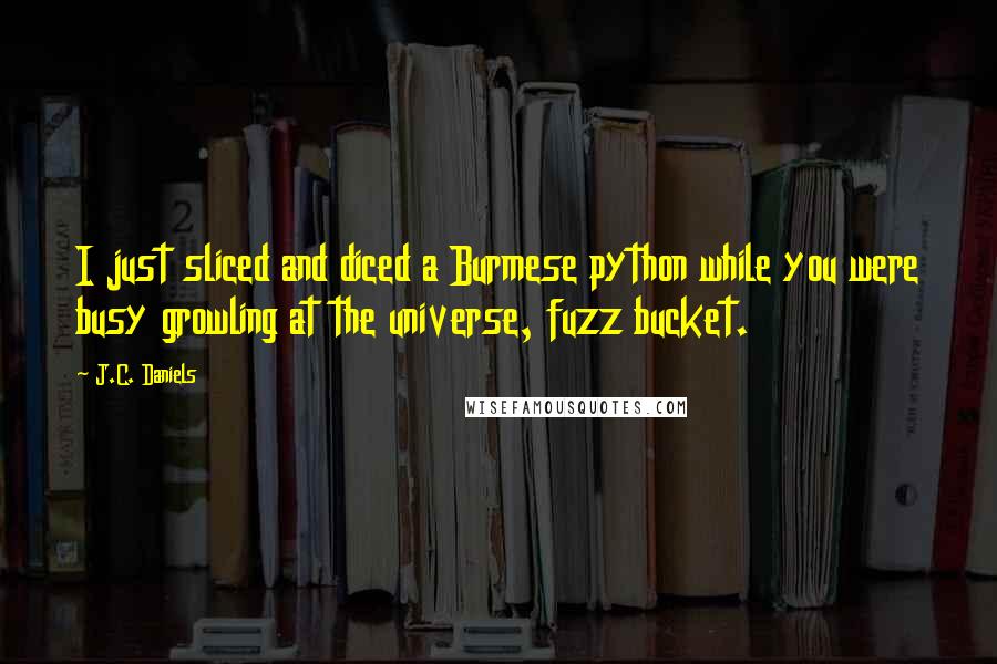 J.C. Daniels Quotes: I just sliced and diced a Burmese python while you were busy growling at the universe, fuzz bucket.