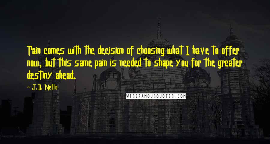 J.D. Netto Quotes: Pain comes with the decision of choosing what I have to offer now, but this same pain is needed to shape you for the greater destiny ahead.
