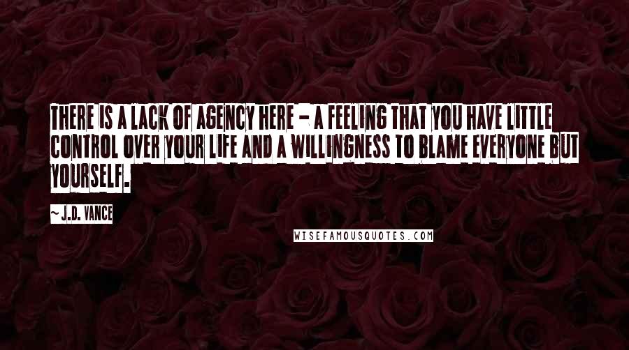 J.D. Vance Quotes: There is a lack of agency here - a feeling that you have little control over your life and a willingness to blame everyone but yourself.