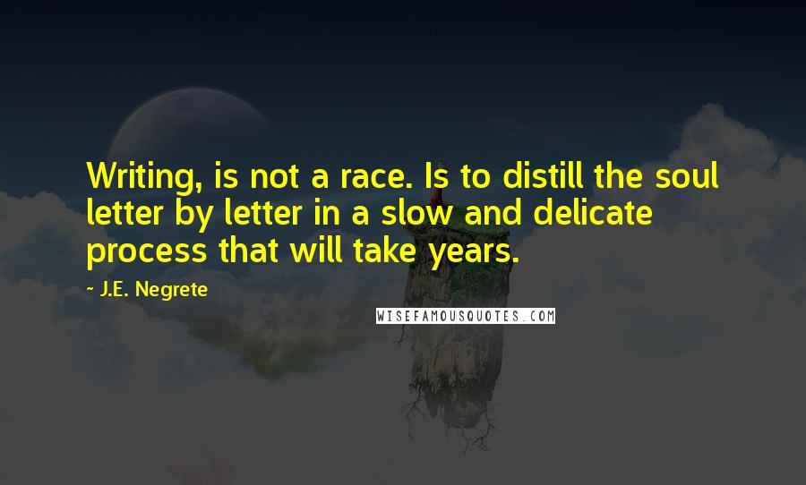 J.E. Negrete Quotes: Writing, is not a race. Is to distill the soul letter by letter in a slow and delicate process that will take years.