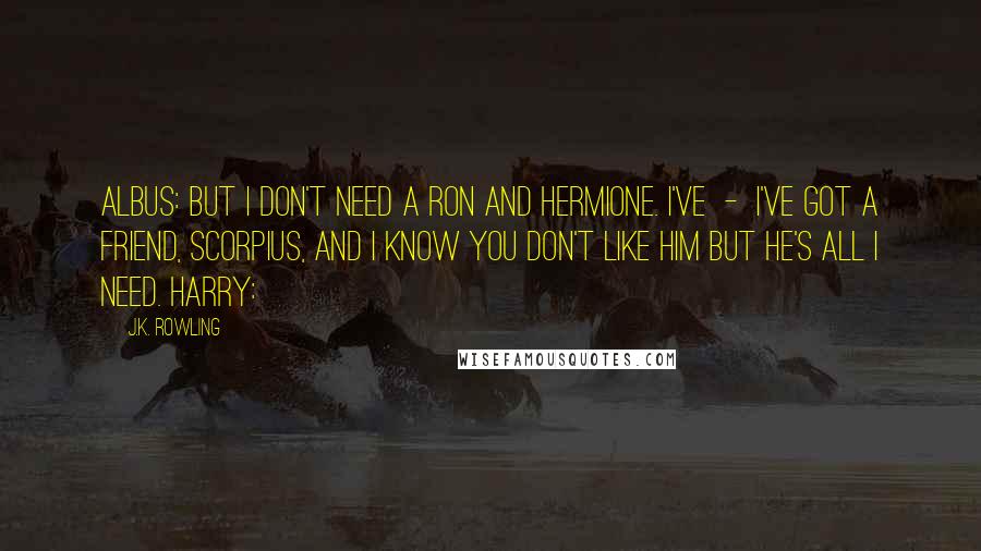 J.K. Rowling Quotes: ALBUS: But I don't need a Ron and Hermione. I've  -  I've got a friend, Scorpius, and I know you don't like him but he's all I need. HARRY: