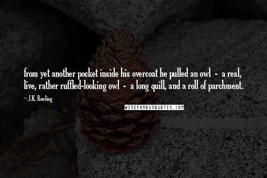 J.K. Rowling Quotes: from yet another pocket inside his overcoat he pulled an owl  -  a real, live, rather ruffled-looking owl  -  a long quill, and a roll of parchment.