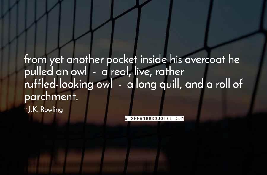 J.K. Rowling Quotes: from yet another pocket inside his overcoat he pulled an owl  -  a real, live, rather ruffled-looking owl  -  a long quill, and a roll of parchment.