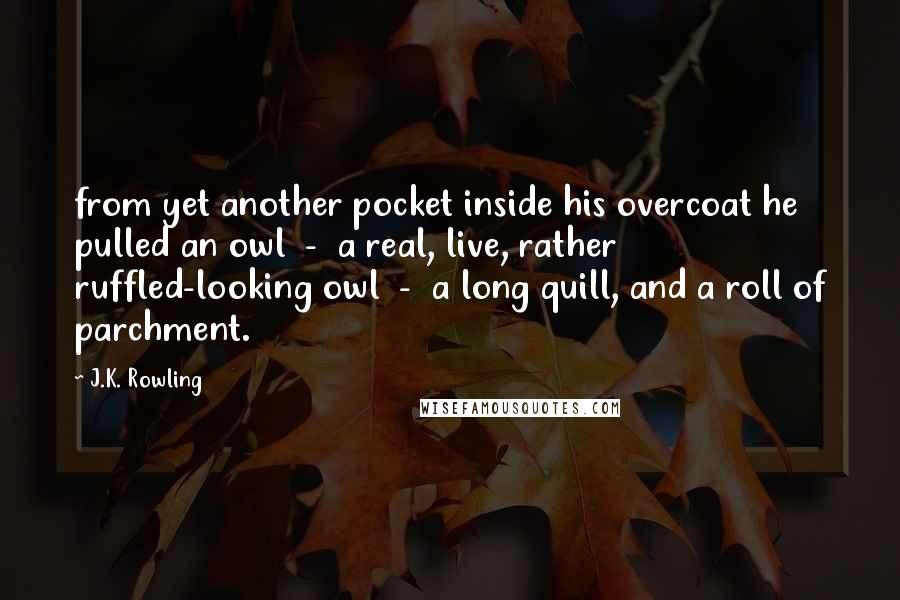 J.K. Rowling Quotes: from yet another pocket inside his overcoat he pulled an owl  -  a real, live, rather ruffled-looking owl  -  a long quill, and a roll of parchment.