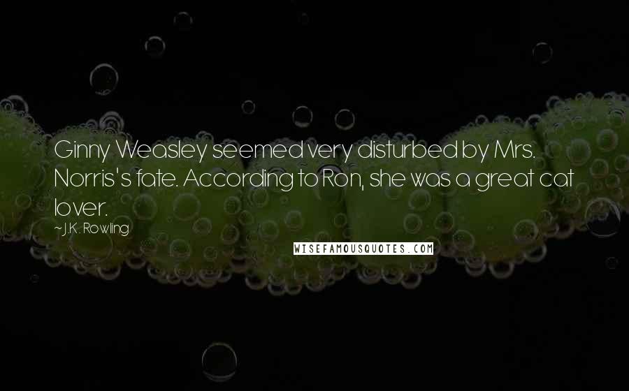 J.K. Rowling Quotes: Ginny Weasley seemed very disturbed by Mrs. Norris's fate. According to Ron, she was a great cat lover.