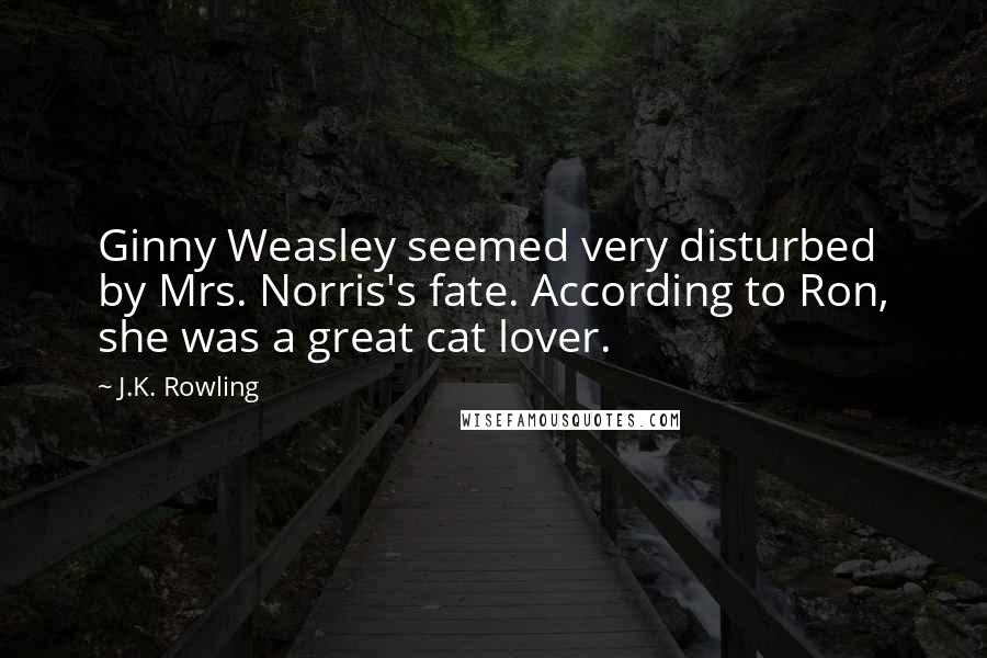 J.K. Rowling Quotes: Ginny Weasley seemed very disturbed by Mrs. Norris's fate. According to Ron, she was a great cat lover.