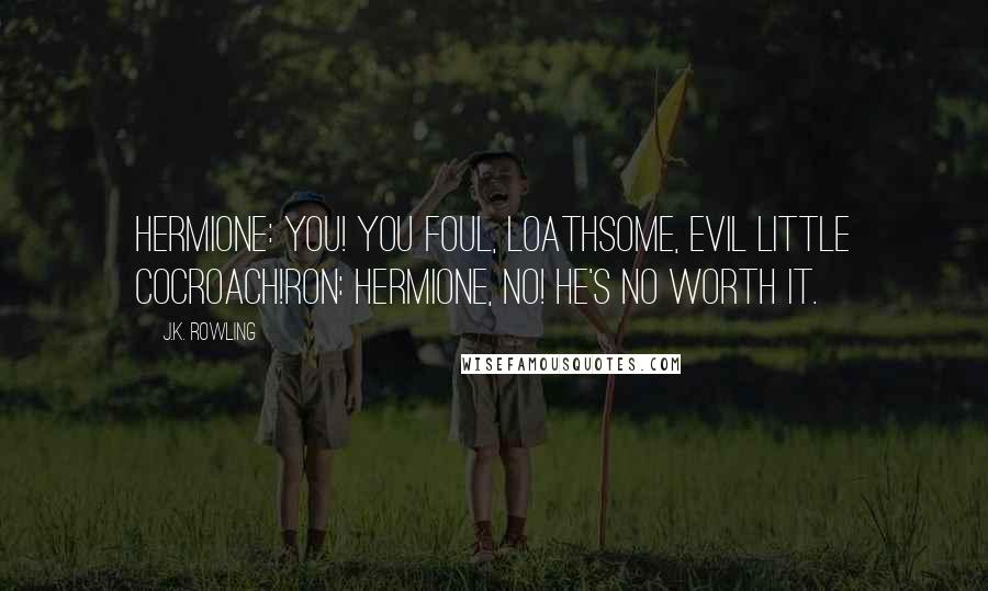 J.K. Rowling Quotes: Hermione: You! You foul, loathsome, evil little cocroach!Ron: Hermione, no! He's no worth it.