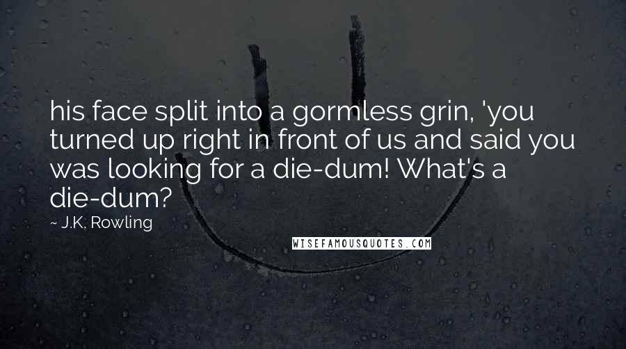 J.K. Rowling Quotes: his face split into a gormless grin, 'you turned up right in front of us and said you was looking for a die-dum! What's a die-dum?