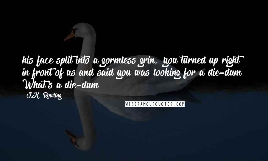 J.K. Rowling Quotes: his face split into a gormless grin, 'you turned up right in front of us and said you was looking for a die-dum! What's a die-dum?