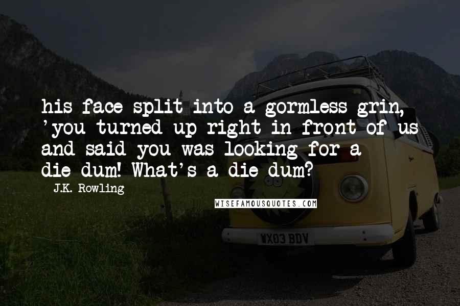 J.K. Rowling Quotes: his face split into a gormless grin, 'you turned up right in front of us and said you was looking for a die-dum! What's a die-dum?