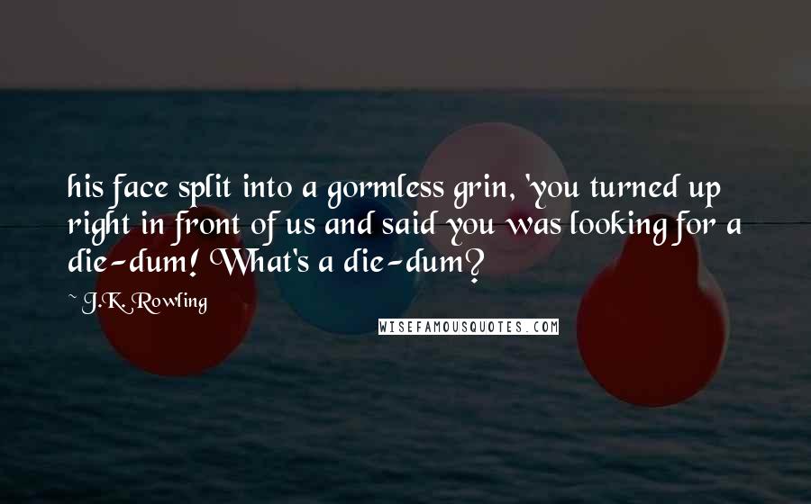 J.K. Rowling Quotes: his face split into a gormless grin, 'you turned up right in front of us and said you was looking for a die-dum! What's a die-dum?