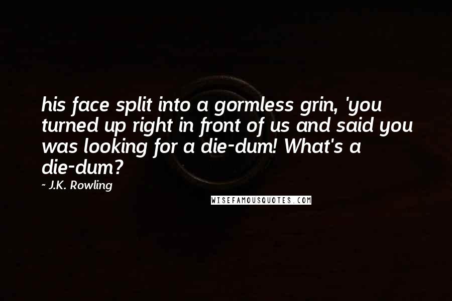 J.K. Rowling Quotes: his face split into a gormless grin, 'you turned up right in front of us and said you was looking for a die-dum! What's a die-dum?