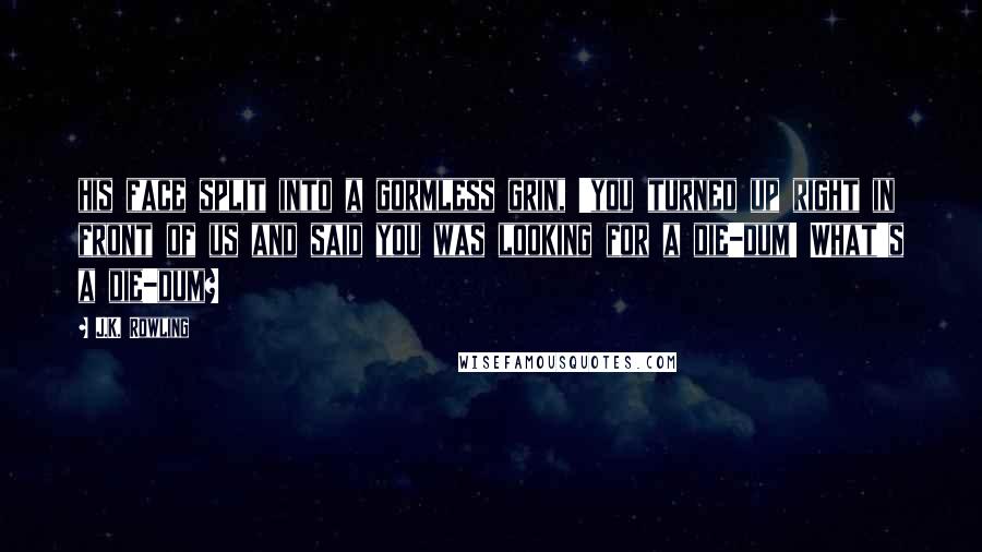 J.K. Rowling Quotes: his face split into a gormless grin, 'you turned up right in front of us and said you was looking for a die-dum! What's a die-dum?