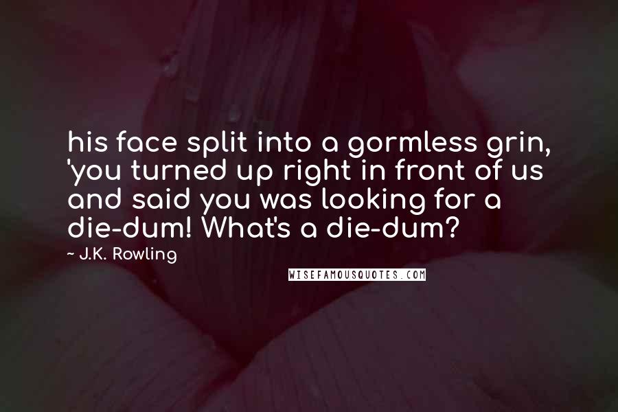 J.K. Rowling Quotes: his face split into a gormless grin, 'you turned up right in front of us and said you was looking for a die-dum! What's a die-dum?