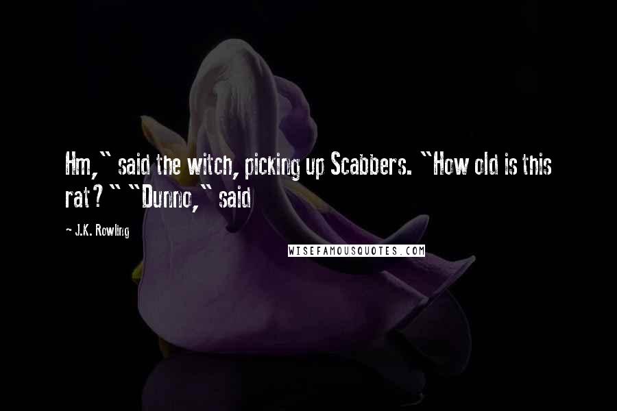 J.K. Rowling Quotes: Hm," said the witch, picking up Scabbers. "How old is this rat?" "Dunno," said