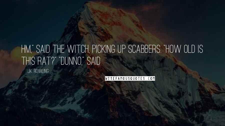 J.K. Rowling Quotes: Hm," said the witch, picking up Scabbers. "How old is this rat?" "Dunno," said
