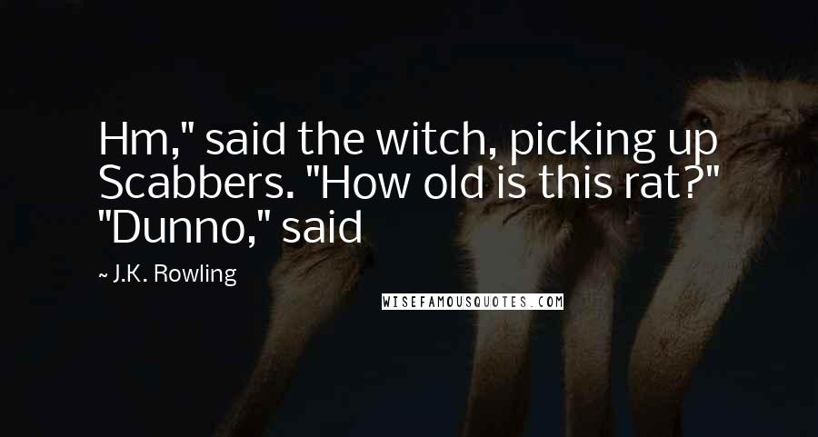 J.K. Rowling Quotes: Hm," said the witch, picking up Scabbers. "How old is this rat?" "Dunno," said