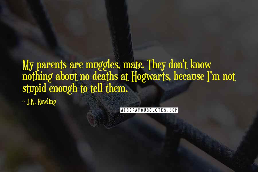J.K. Rowling Quotes: My parents are muggles, mate. They don't know nothing about no deaths at Hogwarts, because I'm not stupid enough to tell them.