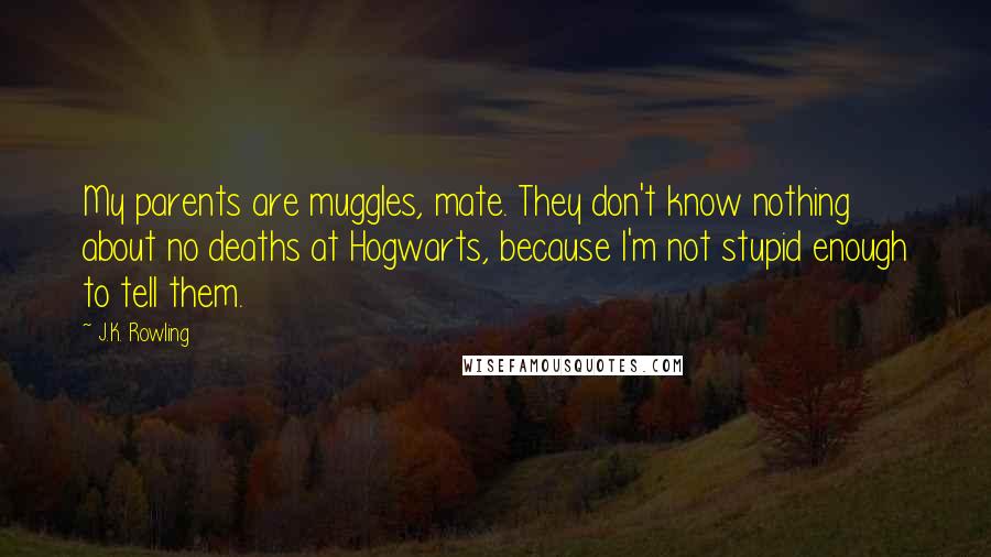 J.K. Rowling Quotes: My parents are muggles, mate. They don't know nothing about no deaths at Hogwarts, because I'm not stupid enough to tell them.