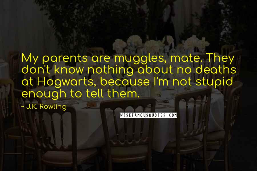 J.K. Rowling Quotes: My parents are muggles, mate. They don't know nothing about no deaths at Hogwarts, because I'm not stupid enough to tell them.