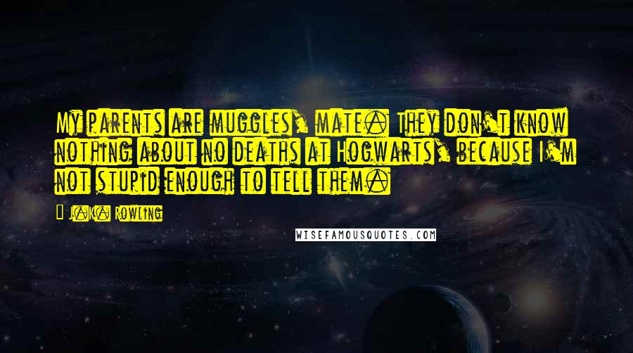 J.K. Rowling Quotes: My parents are muggles, mate. They don't know nothing about no deaths at Hogwarts, because I'm not stupid enough to tell them.