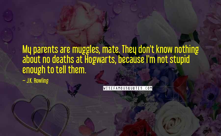 J.K. Rowling Quotes: My parents are muggles, mate. They don't know nothing about no deaths at Hogwarts, because I'm not stupid enough to tell them.