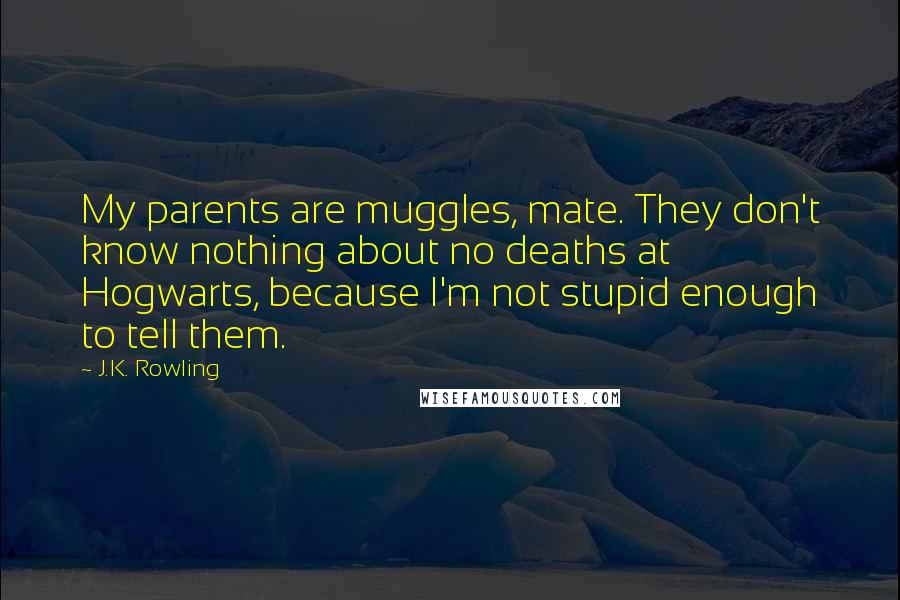 J.K. Rowling Quotes: My parents are muggles, mate. They don't know nothing about no deaths at Hogwarts, because I'm not stupid enough to tell them.