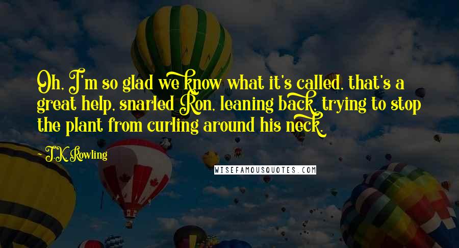 J.K. Rowling Quotes: Oh, I'm so glad we know what it's called, that's a great help, snarled Ron, leaning back, trying to stop the plant from curling around his neck.