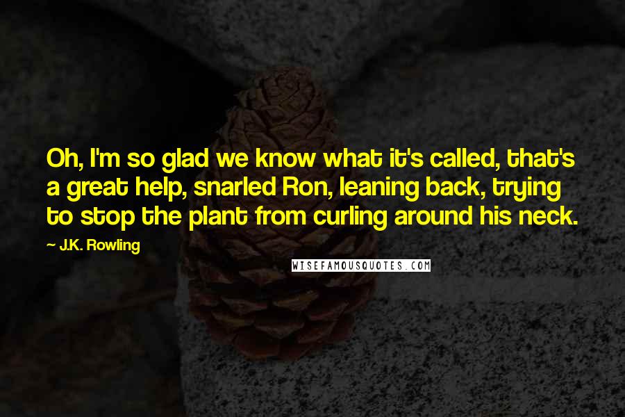 J.K. Rowling Quotes: Oh, I'm so glad we know what it's called, that's a great help, snarled Ron, leaning back, trying to stop the plant from curling around his neck.