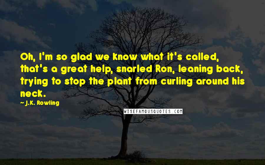 J.K. Rowling Quotes: Oh, I'm so glad we know what it's called, that's a great help, snarled Ron, leaning back, trying to stop the plant from curling around his neck.