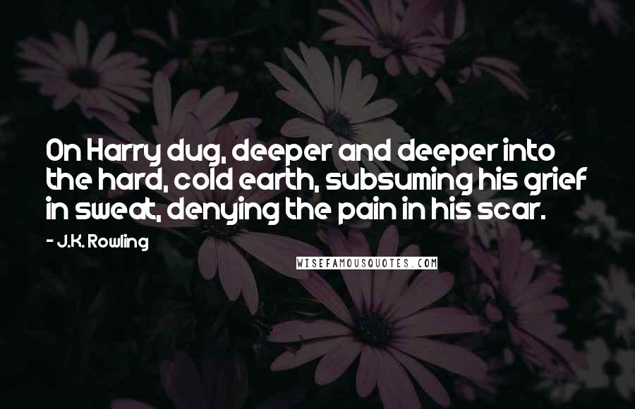 J.K. Rowling Quotes: On Harry dug, deeper and deeper into the hard, cold earth, subsuming his grief in sweat, denying the pain in his scar.