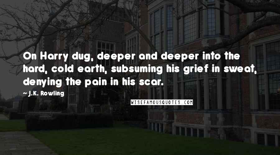 J.K. Rowling Quotes: On Harry dug, deeper and deeper into the hard, cold earth, subsuming his grief in sweat, denying the pain in his scar.