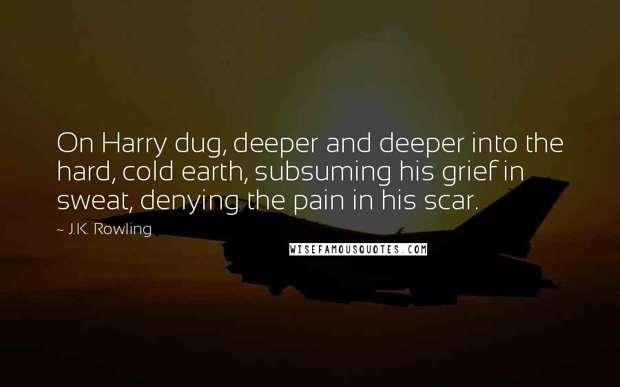 J.K. Rowling Quotes: On Harry dug, deeper and deeper into the hard, cold earth, subsuming his grief in sweat, denying the pain in his scar.