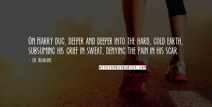 J.K. Rowling Quotes: On Harry dug, deeper and deeper into the hard, cold earth, subsuming his grief in sweat, denying the pain in his scar.