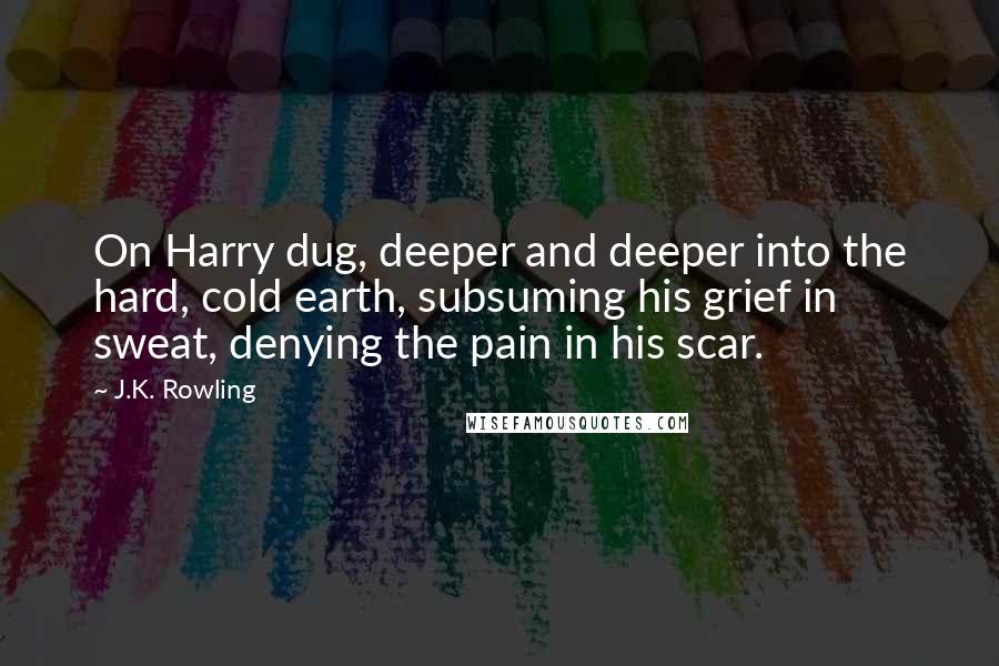 J.K. Rowling Quotes: On Harry dug, deeper and deeper into the hard, cold earth, subsuming his grief in sweat, denying the pain in his scar.