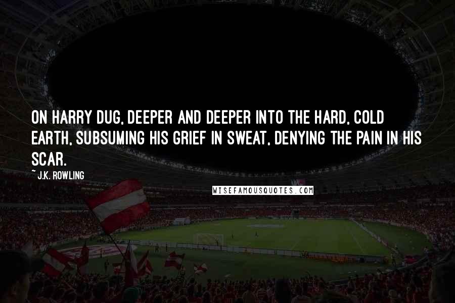 J.K. Rowling Quotes: On Harry dug, deeper and deeper into the hard, cold earth, subsuming his grief in sweat, denying the pain in his scar.