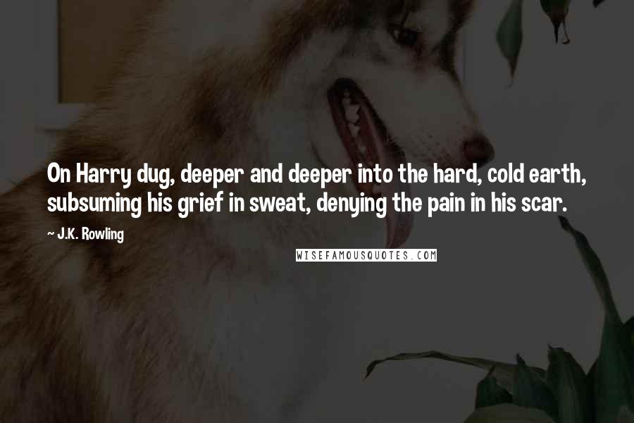 J.K. Rowling Quotes: On Harry dug, deeper and deeper into the hard, cold earth, subsuming his grief in sweat, denying the pain in his scar.