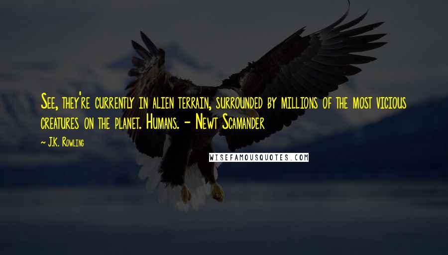 J.K. Rowling Quotes: See, they're currently in alien terrain, surrounded by millions of the most vicious creatures on the planet. Humans. - Newt Scamander