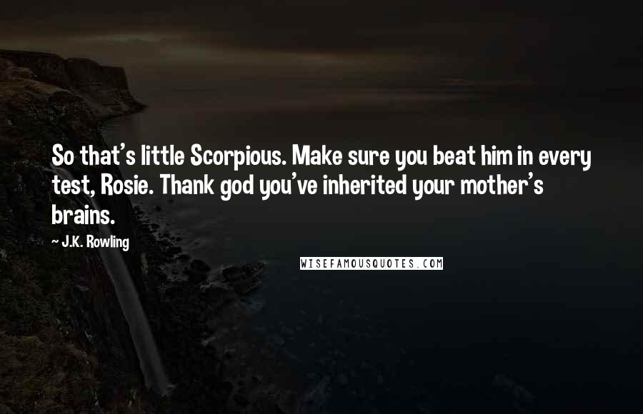 J.K. Rowling Quotes: So that's little Scorpious. Make sure you beat him in every test, Rosie. Thank god you've inherited your mother's brains.