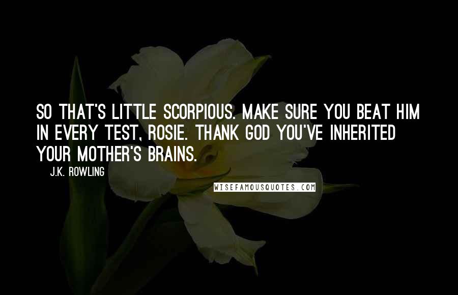 J.K. Rowling Quotes: So that's little Scorpious. Make sure you beat him in every test, Rosie. Thank god you've inherited your mother's brains.