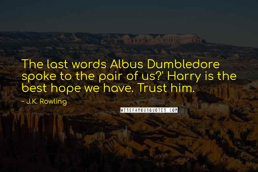 J.K. Rowling Quotes: The last words Albus Dumbledore spoke to the pair of us?' Harry is the best hope we have. Trust him.